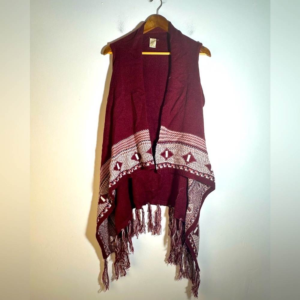 Lildy Burgundy Fringe Knit Vest